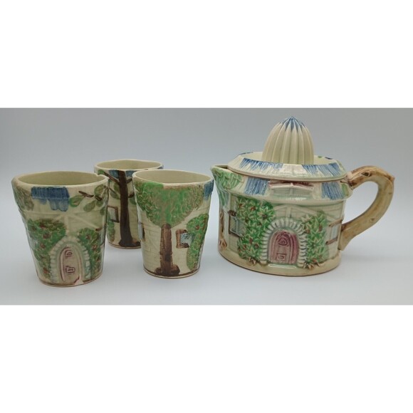Vtg Cottage Juicer Pitcher 3 Glasses Figural Home Trees - Picture 1 of 15